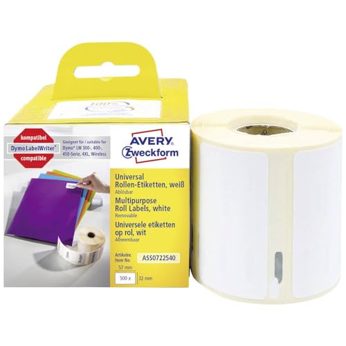 AVERY Zweckform ASS0722540 Dymo LabelWriter Etiketten kompatibel zu S0722540 (57x32mm, 1 Rolle|500 ablösbare Aufkleber, selbstklebend, für LW Dymo Etikettendrucker/Beschriftungsgerät/Etikettenband) von AVERY Zweckform