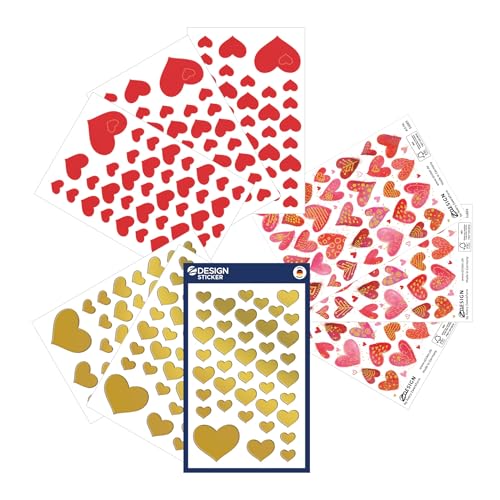 AVERY Zweckform Art. 51043 Sticker-Set Herzen gold/rot/rosa (327 Herz Aufkleber, Herzform-Etiketten in 3 Designs, für Hochzeit, Valentinstag, Jahrestag, Muttertag, Vatertag, Geschenke) von Avery