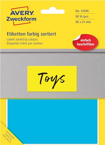 AVERY Zweckform Art. 51046 Bunte Etiketten, selbstklebend (90 farbige Aufkleber, 98x51mm, Klebeetiketten in 5 verschiedenen Farben, handbeschriftbare Umzugsaufkleber, permanent haftend) 30 Blatt von AVERY Zweckform