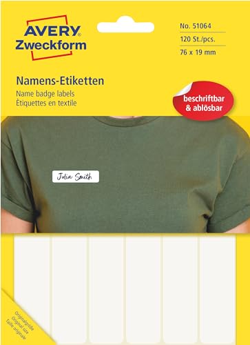 AVERY Zweckform Art. 51064 Namensetiketten für Kleidung (120 Namensaufkleber, 76x19mm, selbstklebend, Textiletiketten aus Acetatseide, Namensschild handbeschriftbar, einfach ablösbar) 10 Blatt, weiß von AVERY Zweckform
