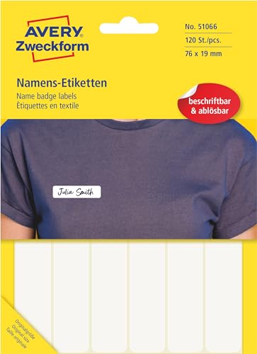 AVERY Zweckform Art. 51064 Namensetiketten für Kleidung (120 Namensaufkleber, 76x19mm, selbstklebend, Textiletiketten aus Folie, Namensschild handbeschriftbar, einfach ablösbar) 10 Blatt, weiß von AVERY Zweckform