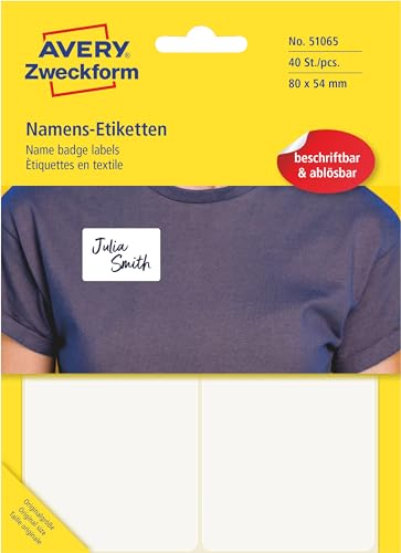 AVERY Zweckform Art. 51065 Namensetiketten für Kleidung (40 Namensaufkleber, 80x54mm, selbstklebend, Textiletiketten aus Folie, Namensschild handbeschriftbar, einfach ablösbar) 10 Blatt, weiß von AVERY Zweckform