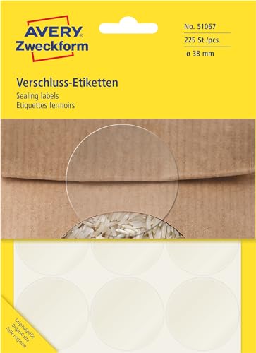AVERY Zweckform Art. 51067 Verschlussetiketten transparent rund (225 Siegel Etiketten, Ø38mm, selbstklebende Punktaufkleber aus Folie, für Produkt- und Versandverpackungen, handbeschriftbar) 25 Blatt von AVERY Zweckform