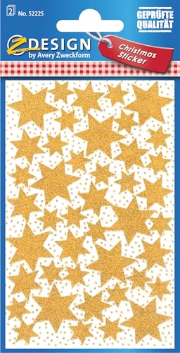 AVERY Zweckform 86 Aufkleber Weihnachten Sterne gold (Made in Germany, glitzernde Weihnachtssticker Papier, selbstklebende Weihnachtsdeko für Karten, Geschenke) 2 Bogen/je 43 Sternsticker, 52225 von AVERY Zweckform