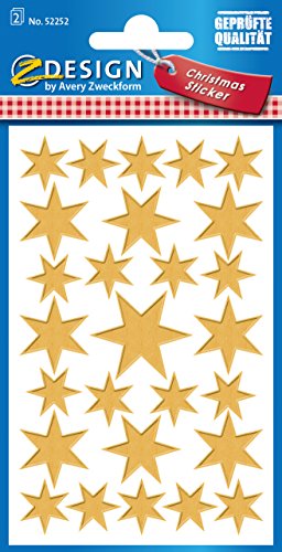 AVERY Zweckform 54 Aufkleber Weihnachten Sterne gold (Made in Germany, Weihnachtssticker mit Goldeffekt, selbstklebende Weihnachtdeko für Karten, Geschenke, Tüten) 2 Bogen/je 27 Sternsticker, 52252 von AVERY Zweckform