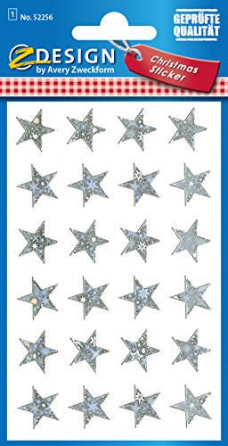 AVERY Zweckform 24 Aufkleber Weihnachten Sterne silber (Weihnachtssticker aus Effektfolie, selbstklebende Weihnachtsdeko für Karten, Geschenke, Tüten) 1 Bogen/24 Sternsticker, 52256 von AVERY Zweckform