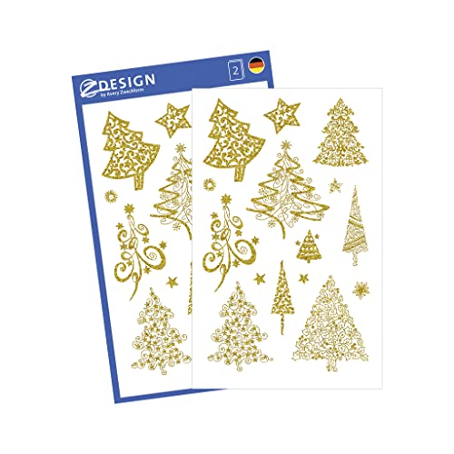 AVERY Zweckform 18 Aufkleber Weihnachten Weihnachtsbäume gold (Made in Germany, Weihnachtssticker mit Goldprägung, Papier, selbstklebende Weihnachtsdeko für Karten, Geschenke) mit Sternen, 52273 von AVERY Zweckform