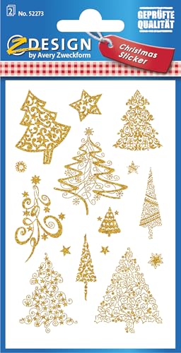 AVERY Zweckform 18 Aufkleber Weihnachten Weihnachtsbäume gold (Made in Germany, Weihnachtssticker mit Goldprägung, Papier, selbstklebende Weihnachtsdeko für Karten, Geschenke) mit Sternen, 52273 von AVERY Zweckform