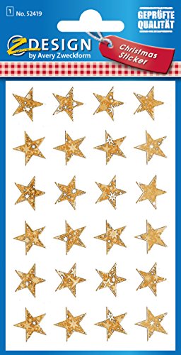 AVERY Zweckform 24 Aufkleber Weihnachten 24 Sterne gold (Weihnachtssticker aus Effektfolie, selbstklebende Weihnachtdeko für Karten, Geschenke, Tüten) 1 Bogen/24 Sternsticker, 52419 von AVERY Zweckform
