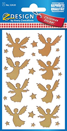 AVERY Zweckform 22 Aufkleber Weihnachten 8 Engel mit 14 Sternen (Weihnachtssticker aus goldener Effektfolie, selbstklebende Weihnachtsdeko für Karten, Geschenke, Tüten) 1 Bogen/22 Sticker, 52420 von AVERY Zweckform