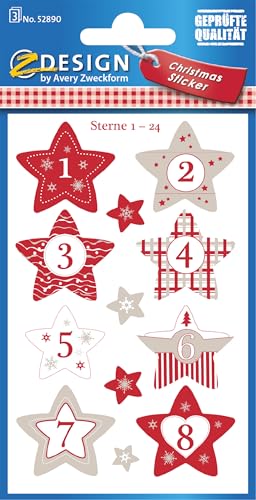 AVERY Zweckform Adventskalender Zahlen 24 Sterne (Made in Germany, Aufkleber Weihnachten, Papier, selbstklebend, Sternenzahlen, Adventskalender, Adventszahlen Nr. 1-24, Weihnachtskalender) 52890 von AVERY Zweckform