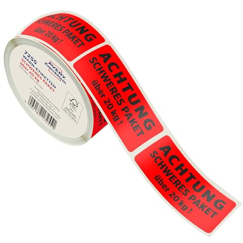 AVERY Zweckform Art. 7255 Warnetiketten Achtung! Schweres Paket über 20kg (200 Warnaufkleber auf Rolle, 100x50mm, selbstklebende Versandaufkleber, Paketkennzeichnung nach Postgesetz) neonrot von AVERY Zweckform
