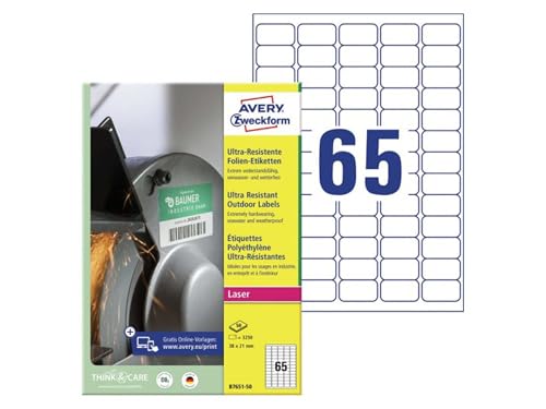AVERY Zweckform B7651-50 Strapazierfähige Folienetiketten (3.250 Aufkleber, 38x21mm auf A4, extrem stark selbstklebend, für schwierige Oberflächen, bedruckbare Outdoor Klebefolie) 50 Blatt, weiß von AVERY Zweckform