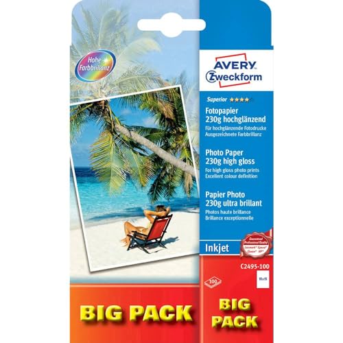 AVERY Zweckform C2495-100 Superior Inkjet Fotopapier (100 Blatt, 230 g/m², DIN A6 Papier, einseitig beschichtet, hochglänzend, ausgezeichnete Farbbrillanz, Tintenstrahldrucker, sofort trocken) von AVERY Zweckform