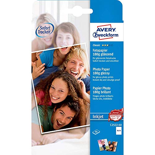 AVERY Zweckform C2522-60 Classic Inkjet Fotopapier (60 Blatt, 180 g/m², DIN A6 Papier, einseitig beschichtet, glänzend, weiß, zum Drucken von Fotos auf Tintenstrahldruckern, sofort trocknend) von AVERY Zweckform
