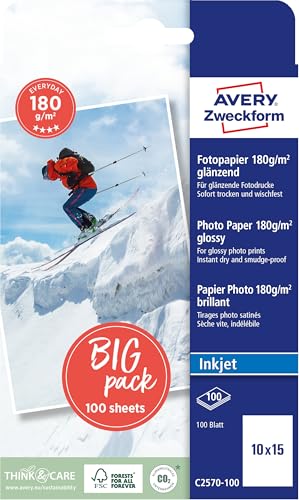 AVERY Zweckform C2570-100 Classic Inkjet Fotopapier (100 Blatt, 180 g/m², DIN A6, einseitig beschichtet, glänzend, weiß, zum Drucken von Fotos auf Tintenstrahldruckern, sofort trocknend), 10 x 15 cm von AVERY Zweckform