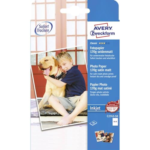 AVERY Zweckform C2743-50 Classic Inkjet Fotopapier (50 Blatt, 170 g/m², DIN A6, einseitig beschichtet, seidenmatt, weiß, FSC, zum Drucken von Fotos auf Tintenstrahldruckern, sofort trocknend) von AVERY Zweckform