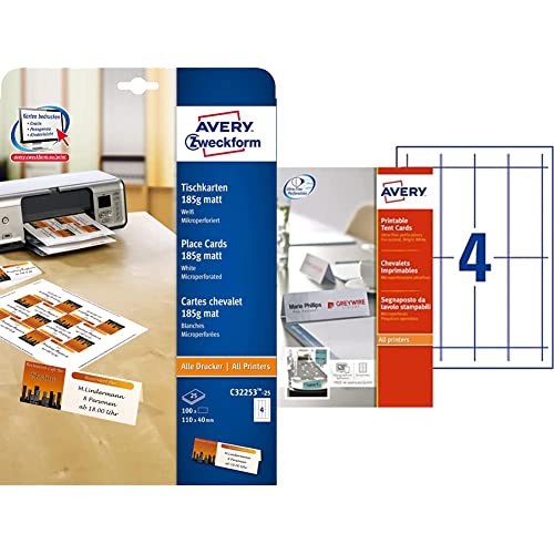 AVERY Zweckform C32253-25 Tischkarten (blanko, beidseitig bedruckbar, matt weiß, extra feine Mikroperforation, 25 Blatt) & L4794-10 Tischkarten (40 Stück, 120 x 45 mm, 190 g/m²) 10 Blatt weiß von AVERY Zweckform
