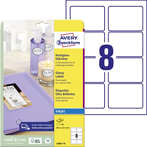 AVERY Zweckform C6081-10 Hochglanz-Etiketten (80 Glossy Aufkleber, 88,9x63,5mm auf A4, selbstklebend, bedruckbar, hochglänzendes Papier zur Produktkennzeichnung, für Inkjet-Drucker) 10 Blatt, weiß von AVERY Zweckform