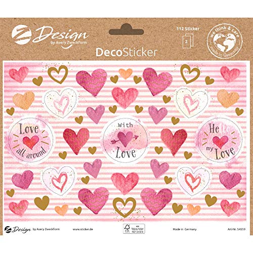 AVERY Zweckform Dekosticker 112 Aufkleber Herzen, Love (Etiketten auf A5 Bogen, Klebeetiketten für Geburtstag, Hochzeit, Feiern, Geschenke und Karten, mit Goldeffekt in pink, rosa und gold) 54559 von AVERY Zweckform