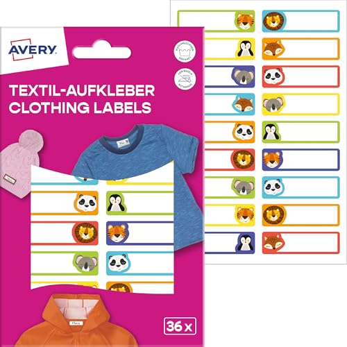 AVERY Zweckform ETVET36A Namensaufkleber Tiere wasserfest Kleidung 36 Stück (13x45mm, Vinyl-Folie, selbstklebende Textil-Etiketten, beschriftbare Textilaufkleber, für Waschmaschine, Trockner) bunt von AVERY Zweckform