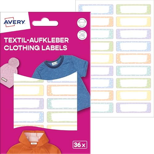 AVERY Zweckform ETVET36M Namensaufkleber wasserfest für Kleidung 36 Stück (13x45mm, Vinyl-Folie, selbstklebende Textil-Etiketten, beschriftbare Textilaufkleber, für Waschmaschine, Trockner) pastell von AVERY Zweckform