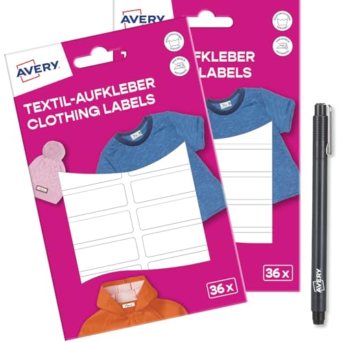 AVERY Zweckform ETVET36XPEN Set Namensaufkleber wasserfest für Kleidung 72 Stück (13x45mm, Vinyl-Folie, selbstklebende Textil-Etiketten, beschriftbare Textilaufkleber für Waschmaschine, Trockner) weiß von AVERY Zweckform