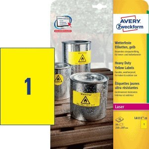 Avery Zweckform Etiketten 210x297mm Folie wetterfest VE=20 Stück gelb Avery Zweckform Etiketten 210x297mm Folie wetterfest VE=20 Stück gelb von AVERY Zweckform