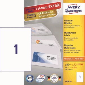 AVERY Zweckform Etiketten Inkjet/Laser/Kopier 210x297mm VE=220 Stück weiß AVERY Zweckform Etiketten Inkjet/Laser/Kopier 210x297mm VE=220 Stück weiß von AVERY Zweckform