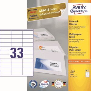 AVERY Zweckform Etiketten Inkjet/Laser/Kopier 70x25,4mm weiß VE=3300 Stück von AVERY Zweckform