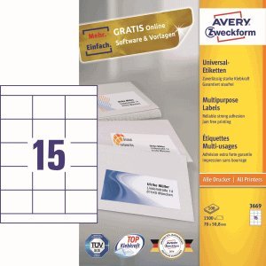 AVERY Zweckform Etiketten Inkjet/Laser/Kopier 70x50,8mm weiß VE=1500 Stück AVERY Zweckform Etiketten Inkjet/Laser/Kopier 70x50,8mm weiß VE=1500 Stück von AVERY Zweckform