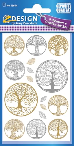 AVERY Zweckform Folien Sticker Lebensbaum 16 Aufkleber silber & gold (Dekosticker, Aufkleber, selbstklebend, Scrapbooking, Bullet Journal Zubehör, Geburtstag, Dekorieren, Karten, Fotoalbum) 55654 von AVERY Zweckform