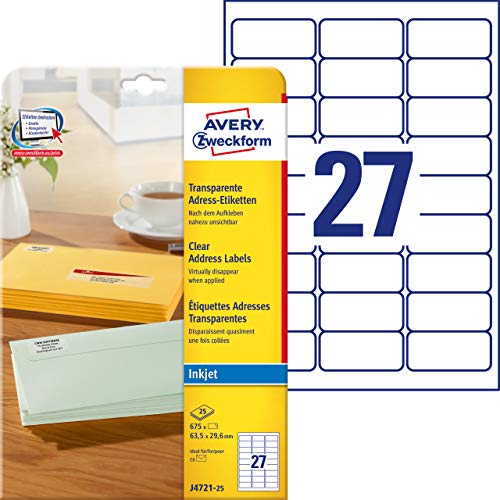 AVERY Zweckform J4721-25 Adressetiketten/Adressaufkleber (675 Etiketten, 63,5x29,6mm auf A4, bedruckbar, selbstklebend, für DIN C6 Briefkuverts, Polyesterfolie, Inkjet-Drucker) 25 Blatt, transparent von AVERY Zweckform