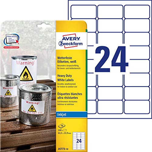 AVERY Zweckform J4773-10 Wetterfeste Folienetiketten (63,5x33,9 mm auf DIN A4, Inkjet, extrem stark selbstklebend, bedruckbare Outdoor Klebefolie) 240 Aufkleber auf 10 Blatt weiß, 240 Stück, 63,5 x 33,9 mm von Avery
