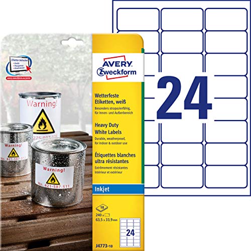 AVERY Zweckform J4773-10 Wetterfeste Folienetiketten Inkjet (240 Aufkleber, 63,5x33,9mm auf A4, extrem stark selbstklebend, wasserfest, strapazierfähig, bedruckbare Outdoor Klebefolie) 10 Blatt, weiß von AVERY Zweckform