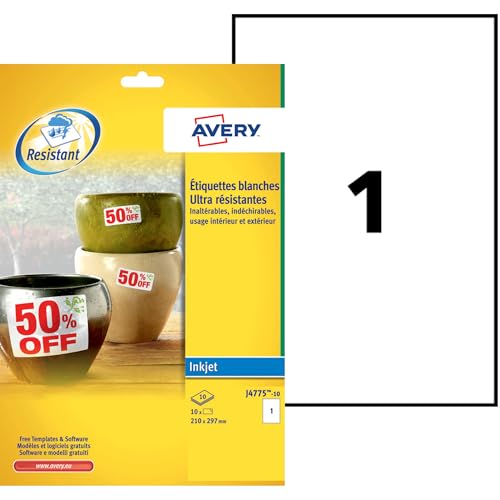 AVERY Zweckform J4775-10 Wetterfeste Folienetiketten Inkjet (10 Aufkleber, 210x297mm auf A4, extrem stark selbstklebend, wasserfest, strapazierfähig, bedruckbare Outdoor Klebefolie) 10 Blatt, weiß von AVERY Zweckform