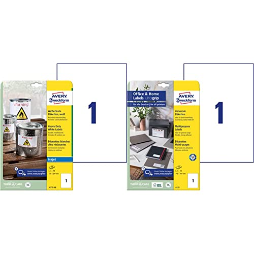 AVERY Zweckform J4775-10 Wetterfeste Folienetiketten Inkjet, 10 Blatt, weiß & 6125 Universal Etiketten (10 Klebeetiketten, 210x297 mm auf A4, bedruckbare Adressaufkleber) 10 Blatt, weiß von AVERY Zweckform