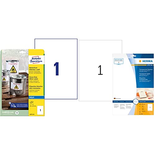 AVERY Zweckform J4775-10 Wetterfeste Folienetiketten Inkjet 10 Blatt, weiß & HERMA 8964 Folien-Etiketten für Inkjet Drucker DIN A4 transparent selbstklebend, 10 Klebeetiketten, durchsichtig von AVERY Zweckform