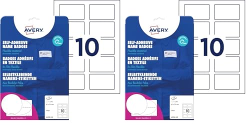 AVERY Zweckform J4785-20 Namensetiketten (200 Namensaufkleber, 80x50mm auf A4, selbstklebend, bedruckbare Textiletiketten für Inkjetdrucker, rückstandsfrei ablösbar) 20 Blatt, weiß (Packung mit 2) von AVERY Zweckform