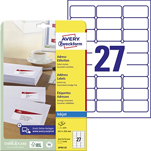 AVERY Zweckform J4792-25 Adressetiketten/Adressaufkleber (675 Etiketten, 63,5x29,6mm auf A4, bedruckbar, selbstklebend, für DIN B6/C6 Briefkuverts, Papier matt, Inkjet-Drucker) 25 Blatt, weiß von AVERY Zweckform