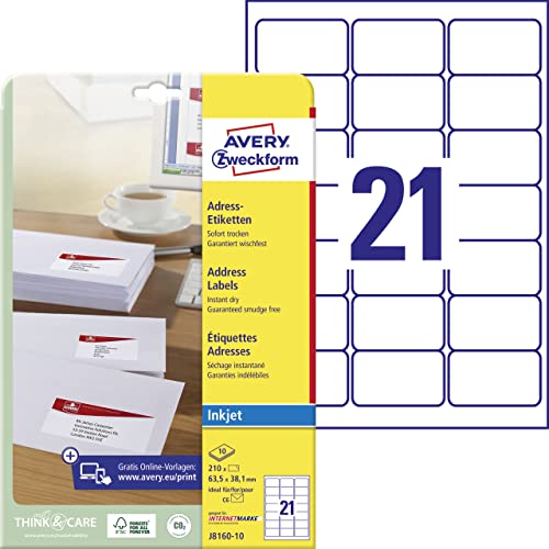 AVERY Zweckform J8160-10 Adressetiketten/ Adressaufkleber (210 Etiketten, 63,5x38,1mm auf A4, bedruckbar, selbstklebend, für DIN B6/C6 Briefkuverts, Papier matt, Inkjet-Drucker) 10 Blatt, weiß von AVERY Zweckform