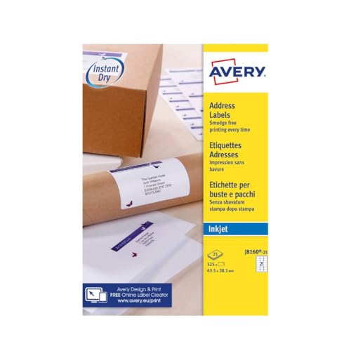 AVERY Zweckform J8160-25 Adressetiketten/Adressaufkleber (525 Etiketten, 63,5x38,1mm auf A4, bedruckbar, selbstklebend, für DIN B6/C6 Briefkuverts, Papier matt, Inkjet-Drucker) 25 Blatt, weiß von AVERY Zweckform