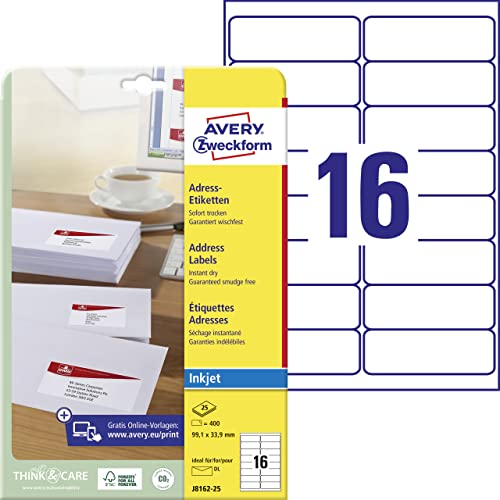 AVERY Zweckform J8162-25 Adressetiketten/Adressaufkleber (400 Etiketten, 99,1x33,9mm auf A4, bedruckbar, selbstklebend, für DIN lang Briefkuverts, Papier matt, Inkjet-Drucker) 25 Blatt, weiß von AVERY Zweckform