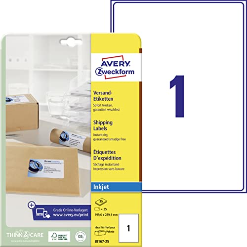 AVERY Zweckform J8167-25 Versandetiketten/Versandaufkleber (25 Etiketten, 199,6x289,1mm auf A4, bedruckbar, selbstklebend, für Inkjet-Drucker, für Pakete und Päckchen) 25 Blatt, weiß von AVERY Zweckform