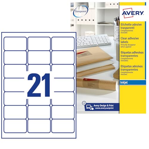 AVERY Zweckform J8560-25 Adressetiketten/Adressaufkleber (525 Etiketten, 63,5x38,1mm auf A4, bedruckbar, selbstklebend, für DIN B6/C6 Briefkuverts, Polyesterfolie, Inkjet-Drucker)25 Blatt, transparent von AVERY Zweckform