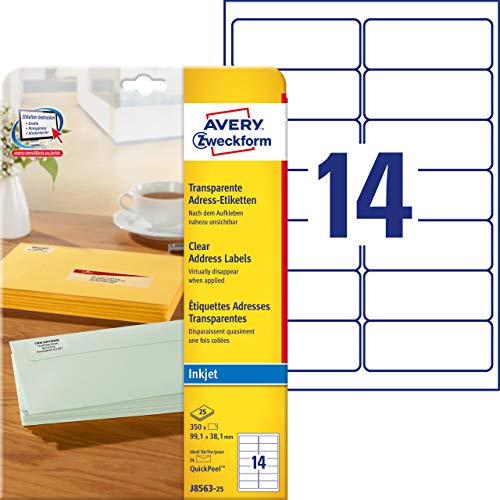 AVERY Zweckform J8563-25 Adressetiketten/Adressaufkleber (350 Etiketten, 99,1x38,1mm auf A4, bedruckbar, selbstklebend, für DIN lang Briefkuverts, Polyesterfolie, Inkjet-Drucker) 25 Blatt, transparent von AVERY Zweckform