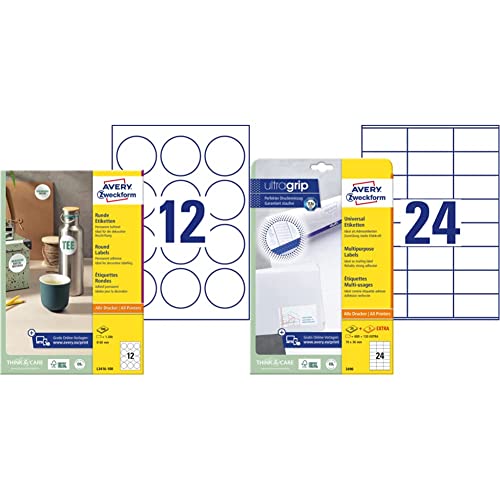 AVERY Zweckform L3416-100 runde Etiketten, weiß & 3490 Adressaufkleber (600 plus 120 Klebeetiketten extra, 70x36mm auf A4, Papier matt, bedruckbare Absenderetiketten) 30 Blatt, weiß von AVERY Zweckform