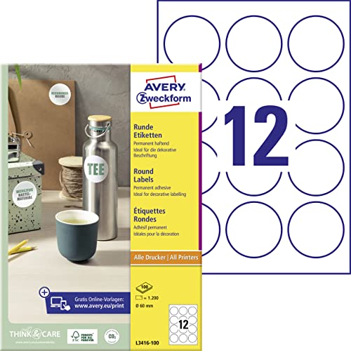 AVERY Zweckform L3416-100 runde Etiketten (zum Bedrucken, selbstklebend, Ø 60 mm, A4, 1.200 Aufkleber auf 100 Blatt, Klebepunkte zum Kennzeichnen von Unterlagen, Produkten) weiß von AVERY Zweckform