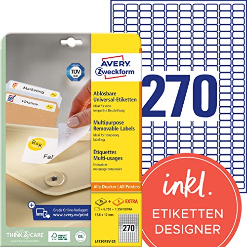 AVERY Zweckform L4730REV-25 Universal Etiketten (6.750 plus 1.350 Klebeetiketten extra, 17,8x10mm auf A4, wieder rückstandsfrei ablösbar/abziehbar, bedruckbar, selbstklebende Aufkleber) 30 Blatt, weiß von AVERY Zweckform