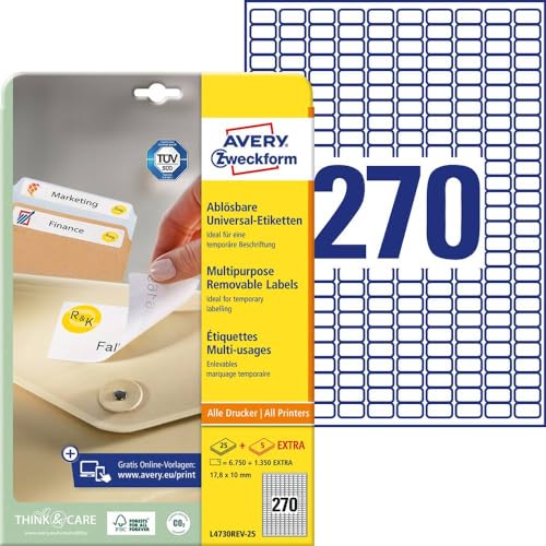 AVERY Zweckform L4730REV-25 Universal Etiketten (6.750 plus 1.350 Klebeetiketten extra, 17,8x10mm auf A4, wieder rückstandsfrei ablösbar/abziehbar, bedruckbar, selbstklebende Aufkleber) 30 Blatt, weiß von AVERY Zweckform